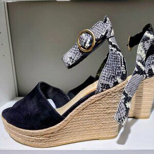 GUESS Espadrille Wedge Sandals Snake Strap Black Suede Size 7.5
